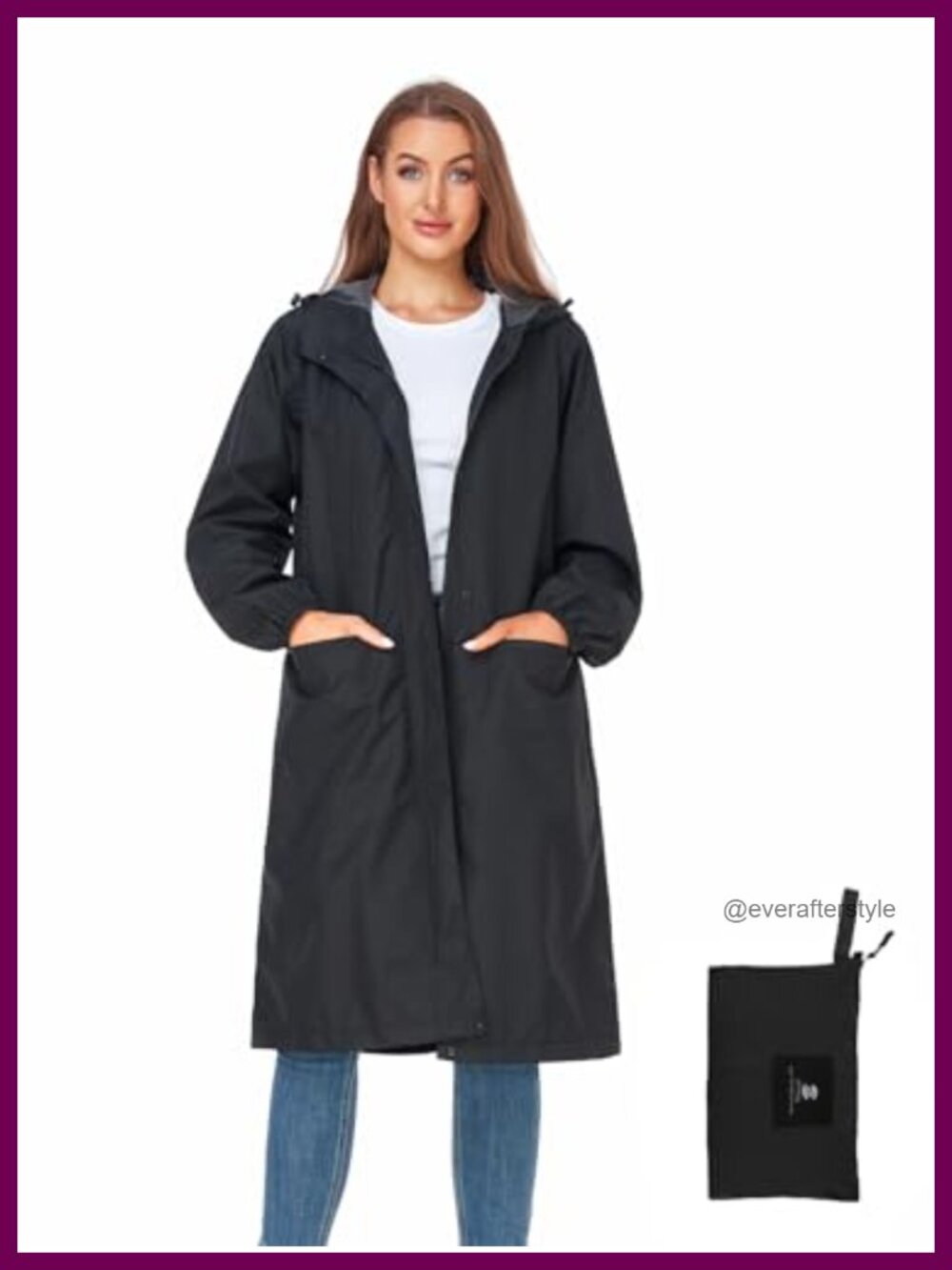 SaphiRose Lightweight Packable Waterproof Long Rain Jacket Women